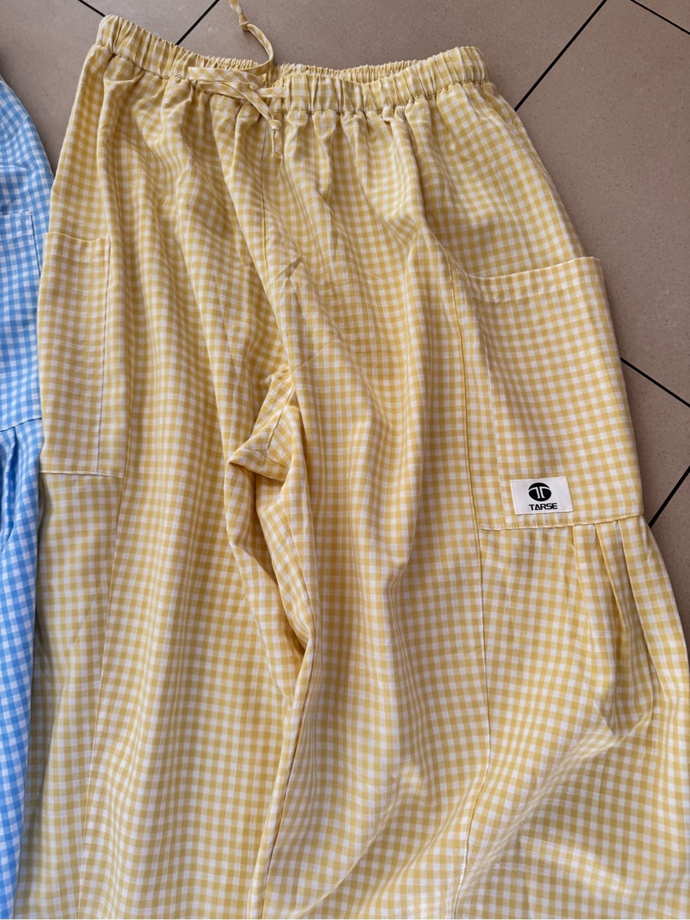 Gingham Drawstring barrel style pants - Light Blue and Yellow (2 pair) - Picture 5 of 7